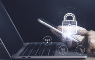 Data protection law compliance. A smartphone and laptop are side by side, with a glowing padlock floating above, surrounded by icons representing Wi-Fi, shopping, and cloud storage.