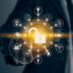 Ransomware attack lifecycle analysis. A glowing orange padlock symbol is at the center of a circular digital interface, surrounded by icons like keys and fingerprints, with a hand reaching out toward it.