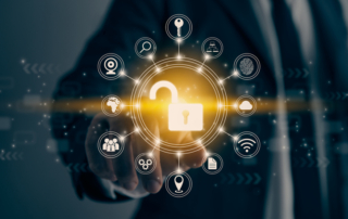 Ransomware attack lifecycle analysis. A glowing orange padlock symbol is at the center of a circular digital interface, surrounded by icons like keys and fingerprints, with a hand reaching out toward it.