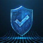 Penetration testing for ransomware. A glowing blue shield with a large checkmark in the center represents security, protection, and data integrity. The shield is made of digital wireframe structures, reinforcing the cybersecurity theme. At the bottom, binary code (1s and 0s) flows like a digital wave, emphasizing data protection and encryption.