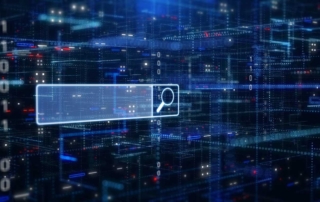 IT Security Training for Employees. A glowing search bar floats in the middle of a dark, futuristic blue background filled with grids, ones and zeros, and neon digital lines. It looks like a high-tech virtual environment representing a deep search, cybersecurity scan, or big data navigation.