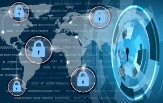 Leadership crisis training for ransomware. This illustration features a world map set against a dark blue background, overlaid with binary code (ones and zeros). Several padlock icons are strategically placed around the globe, each connected by bright dots and lines, symbolizing global cybersecurity connectivity. To the right side of the image, there’s a futuristic circular digital interface or radar, indicating global monitoring and security scanning.