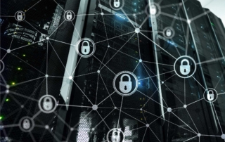Ransomware preparedness metrics. These identical images depict a futuristic visual of cybersecurity. It shows a dark background filled with a network of white lines and dots forming interconnected pathways. At various points within this network, there are small padlock icons, representing security. Behind this web of lines and locks, faint lights suggest data servers, emphasizing the theme of protecting digital information.