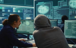 SIEM tools for ransomware detection. Two people sit side-by-side at computer monitors in a dark, high-tech room. One person, wearing a navy shirt and a ponytail, is actively typing and talking. The second person, in a gray hoodie, leans forward toward the screens. Behind them, large digital displays cover the wall, showing glowing blue-green world maps, codes, and network diagrams — suggesting they are working on cybersecurity, hacking, or network operations.