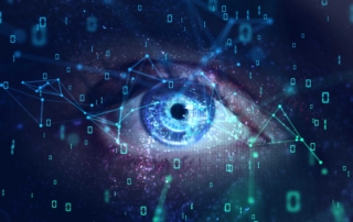 Behavioral analytics ransomware detection. A close-up of a blue digital eye is surrounded by binary code and glowing network lines. The image suggests surveillance, artificial intelligence, or cybersecurity monitoring with a focus on vision technology.