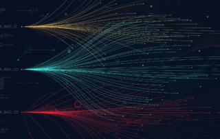Cybersecurity Certification for IT Teams. Three sets of luminous digital lines (yellow, teal, and red) flow horizontally across a black background, labeled as “DATA_BASE_01,” “DATA_BASE_02,” and “DATA_BASE_03.” This abstract visual represents structured data flow, big data, or cross-database activity.