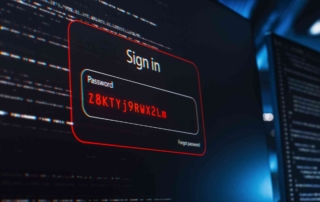 Preventative Cybersecurity Services. A computer screen shows a red "Sign In" warning with a failed password attempt. Behind it, code fills the background, highlighting an urgent security issue — possibly unauthorized access or a breach in progress.