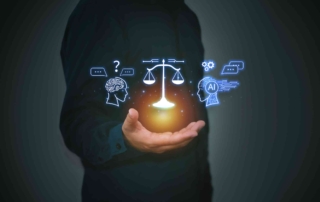 Ransomware recovery budgeting. A person holds glowing digital scales of justice, flanked by symbols of AI and human thinking, reflecting themes of ethics in artificial intelligence.