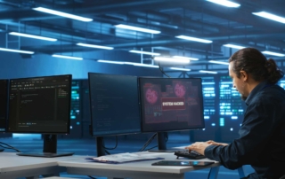 Workforce Cybersecurity Preparedness. This image shows a man sitting at a desk in a dark, high-tech room filled with glowing lights and large monitors. He is focused on one of the central screens, which displays a bright warning message that reads "SYSTEM HACKED" in bold letters. The surrounding monitors show lines of code and system data, indicating a cybersecurity breach or active incident response. The overall mood is tense and urgent, with the blue-lit room emphasizing a secure data center or operations hub.