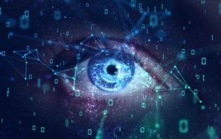 Cybersecurity Skills Development. This image features a digitally enhanced human eye at the center, glowing in vivid blue tones. Binary code (0s and 1s) floats across the scene, with lines and nodes forming a network-like overlay—suggesting data flow or connectivity. The background is a deep galaxy-like space, blending purples and blues, evoking a futuristic, tech-driven theme. The image symbolizes AI vision, surveillance, or digital identity. It's a striking visual often used to represent machine learning, cybersecurity, or biometric scanning.