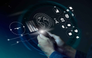 Biometric Security for Enterprises. Hands holding a tablet with a glowing globe and hexagonal digital icons in the air, representing global communication, data analytics, and digital services.