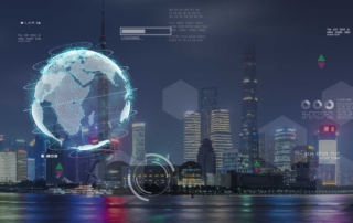 Email Anti-Phishing Solutions. A glowing digital globe hovers above a nighttime city skyline, with holographic graphs and data surrounding it.