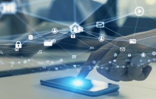 Network Performance and Security Monitoring. A hand touches a smartphone, and a network of glowing lines and icons (like locks, mail, users) spreads out from it, resembling a digital web.