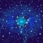 network-segmentation-for-ransomware Network Segmentation for Ransomware. A digital illustration of a glowing AI microchip in the center, with blue circuitry lines radiating outward against a dark background, representing artificial intelligence and computing power.