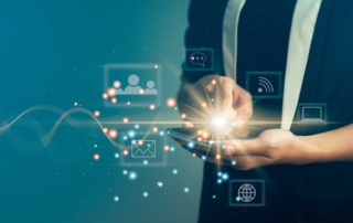 Secure Cloud Backup Services. A woman in business attire holds a smartphone, with bright light and social media icons floating above it.