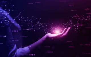 API Gateway Security Practices. A glowing network of digital purple lines and dots flows out from an open hand. The background is dark, with faint digital text or code. It suggests digital innovation, AI, or secure data control.