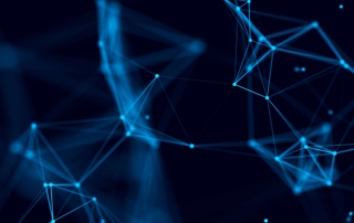 Post-Quantum Cryptography Solutions. A blue-toned web of connected points and lines forming a geometric pattern. The lines glow against a dark background, representing data flow, blockchain, or a digital mesh network.