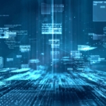 IoT Device Security Management Network Visualization Abstract blue digital network background representing IoT device security management and connected infrastructure monitoring