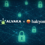 Alvaka and Halcyon Strategic Cybersecurity Partnership Alvaka and Halcyon logos displayed side by side over a dark blue cybersecurity-themed background with subtle digital network lines and lock icons, representing ransomware resilience and security partnership.